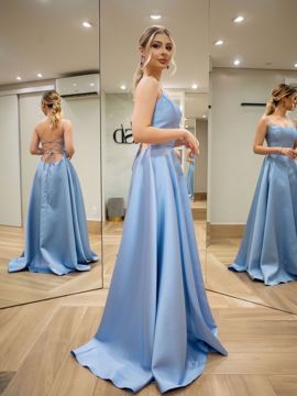 Imagem de ASD466 - Vestido longo, azul serenity, alfaiataria, alça fina, saia solta, costas aberta, corselet