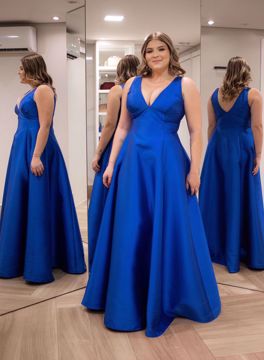 Imagem de ASD234 - Vestido longo azul royal zibeline princesa decote v