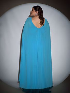 Imagem de ASD825 - Longo azul com manga capa, cinto bordado e saia plissada